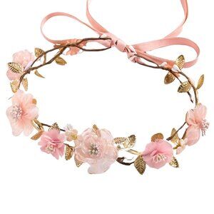Pink Flower Crown Headband Women's Floral Hair Accessory Bridal Party